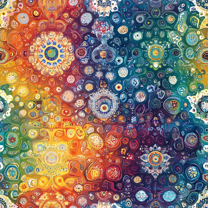 rainbow colors, mandala patterns, circular motifs, geometric designs, kaleidoscope effect, warm oranges, cool blues, deep purples, bright yellows, teal greens, intricate details, bohemian style, spiritual symbols, quilting cotton, fabric panel, psychedelic art, concentric circles, vibrant hues, abstract patterns, meditation imagery