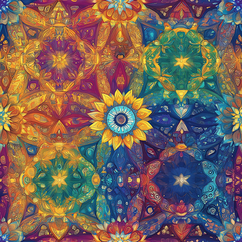 rainbow colors, mandala pattern, geometric designs, kaleidoscope motifs, purple, blue, orange, yellow, teal, intricate details, spiritual symbols, bohemian style, psychedelic art, quilting cotton, fabric panel, mystical patterns, circular medallions, ornate flourishes, vibrant hues, decorative elements