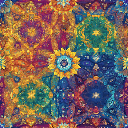 rainbow colors, mandala pattern, geometric designs, kaleidoscope motifs, purple, blue, orange, yellow, teal, intricate details, spiritual symbols, bohemian style, psychedelic art, quilting cotton, fabric panel, mystical patterns, circular medallions, ornate flourishes, vibrant hues, decorative elements