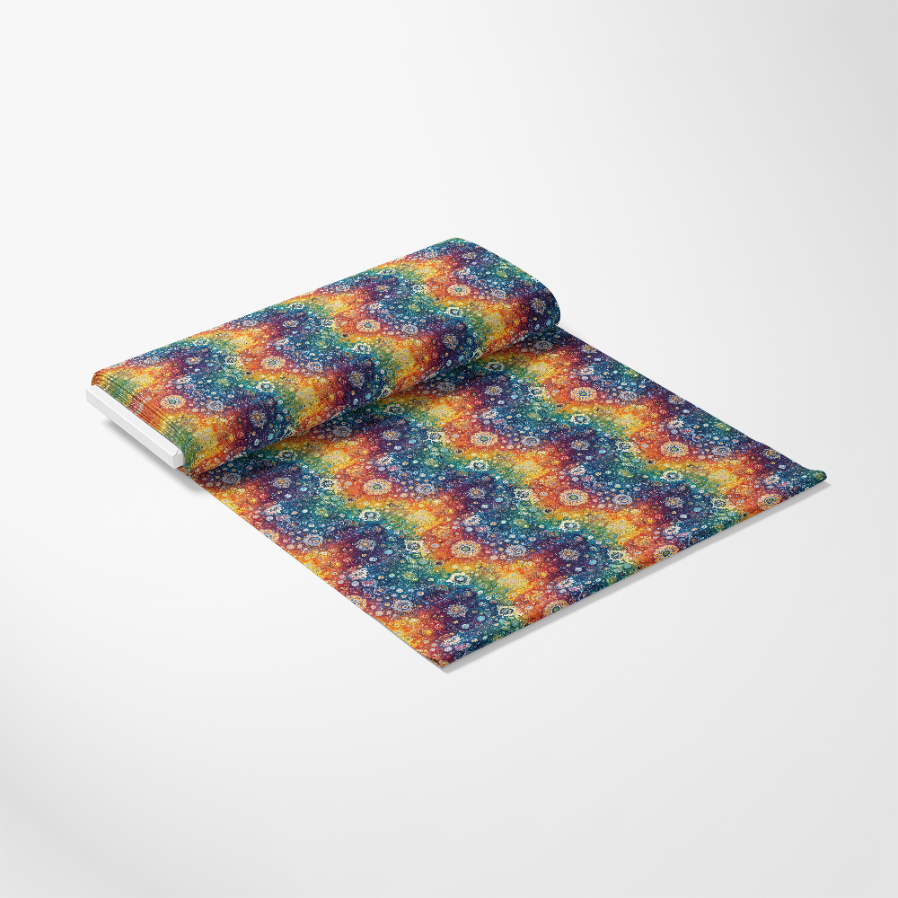A roll of fabric featuring a colorful, intricate pattern with circular motifs in various hues.