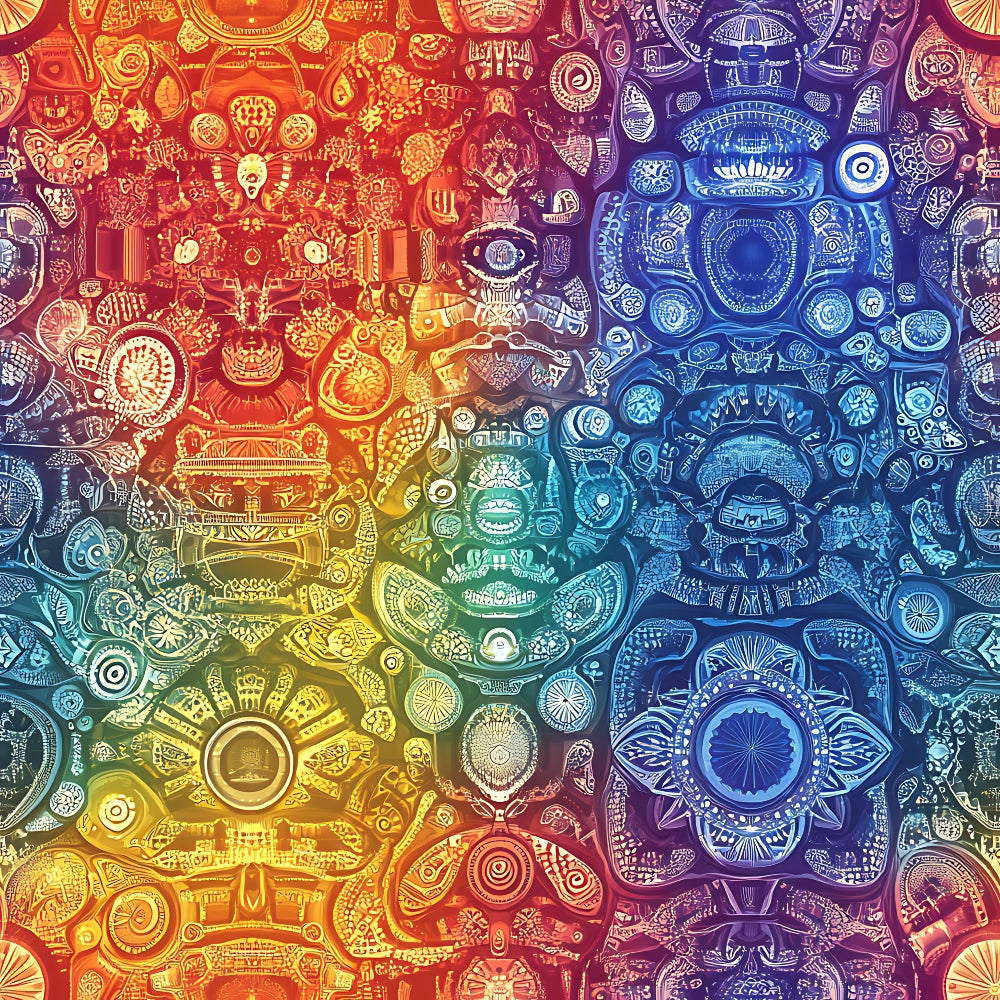 rainbow gradient, mandala patterns, intricate designs, circular motifs, ornate details, red orange yellow, blue purple teal, geometric shapes, spiritual symbols, bohemian style, quilting cotton, fabric panel, mystical artwork, decorative circles, flowing transitions, ancient symbols, detailed linework, vibrant spectrum, sacred geometry, artistic patterns