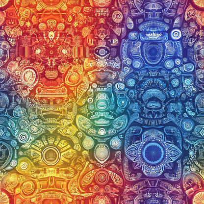 rainbow gradient, mandala patterns, intricate designs, circular motifs, ornate details, red orange yellow, blue purple teal, geometric shapes, spiritual symbols, bohemian style, quilting cotton, fabric panel, mystical artwork, decorative circles, flowing transitions, ancient symbols, detailed linework, vibrant spectrum, sacred geometry, artistic patterns