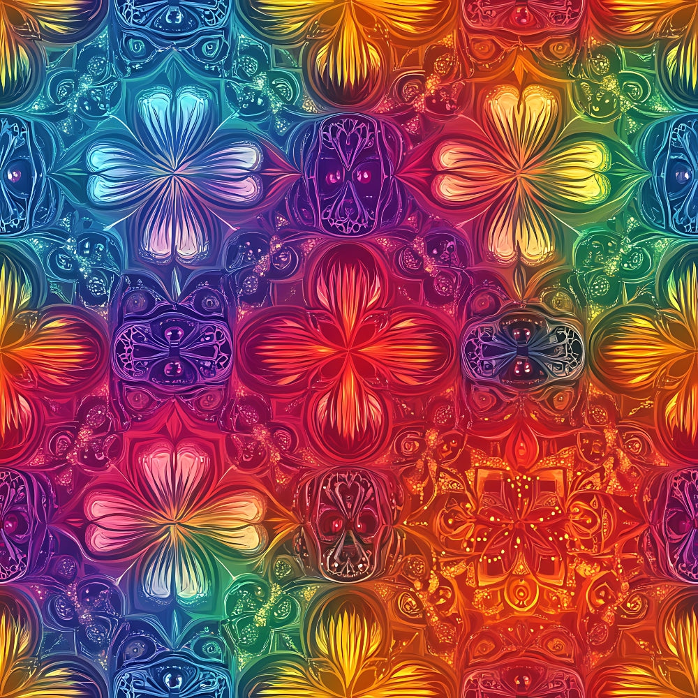 rainbow gradient, mandala design, geometric pattern, four-leaf clover, symmetrical motifs, vibrant colors, blue tones, purple hues, orange shades, green accents, red elements, yellow highlights, psychedelic art, bohemian style, spiritual symbols, quilting cotton, fabric panel, kaleidoscope effect, ornate details, flowing petals