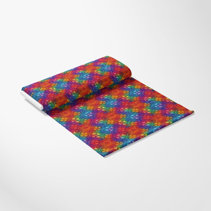 A roll of colorful, floral-patterned fabric unfurled on a white background.