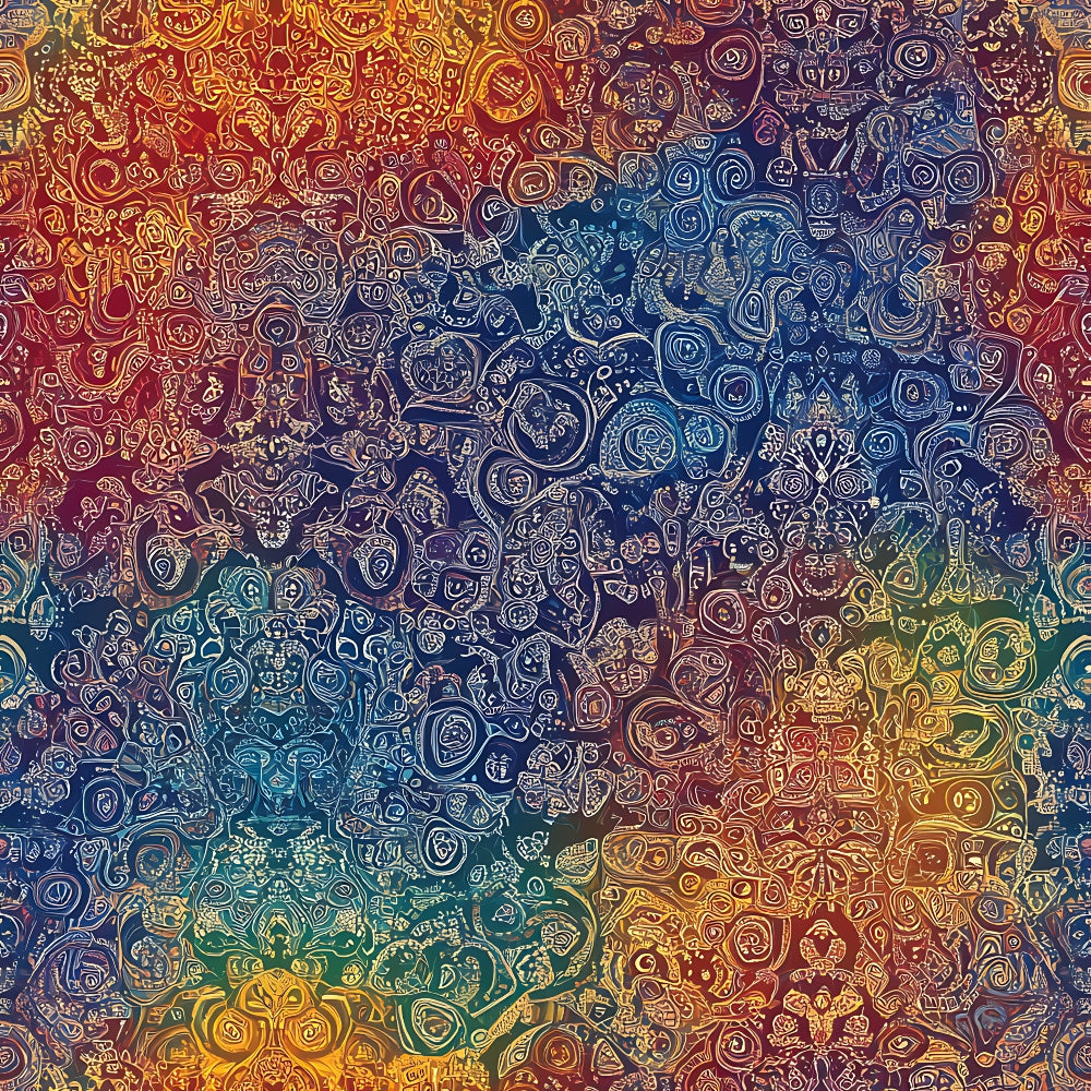 rainbow colors, mandala pattern, intricate swirls, circular motifs, red tones, blue hues, yellow accents, purple shades, green elements, orange gradients, paisley designs, bohemian style, mystical artwork, quilting cotton, fabric panel, spiritual symbols, cosmic patterns, jewel tones, decorative circles, artistic swirls
