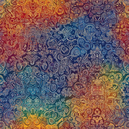 rainbow colors, mandala pattern, intricate swirls, circular motifs, red tones, blue hues, yellow accents, purple shades, green elements, orange gradients, paisley designs, bohemian style, mystical artwork, quilting cotton, fabric panel, spiritual symbols, cosmic patterns, jewel tones, decorative circles, artistic swirls