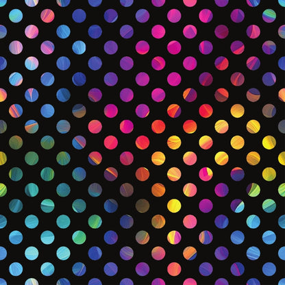 rainbow gradient, polka dots, circular pattern, multicolored circles, vibrant colors, geometric design, quilting cotton, fabric panel, neon pink, electric blue, turquoise, yellow, orange, purple, green, black background, repeating pattern, modern abstract, colorful dots, contemporary design
