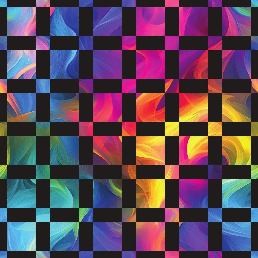 rainbow colors, smoke swirls, abstract patterns, blue tones, purple hues, pink shades, yellow accents, orange gradients, turquoise, magenta, checkerboard layout, flowing waves, digital art style, vibrant colors, quilting cotton, fabric panel, modern design, geometric squares, color gradient, artistic swirls