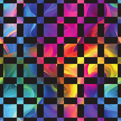 rainbow colors, smoke swirls, abstract patterns, blue tones, purple hues, pink shades, yellow accents, orange gradients, turquoise, magenta, checkerboard layout, flowing waves, digital art style, vibrant colors, quilting cotton, fabric panel, modern design, geometric squares, color gradient, artistic swirls