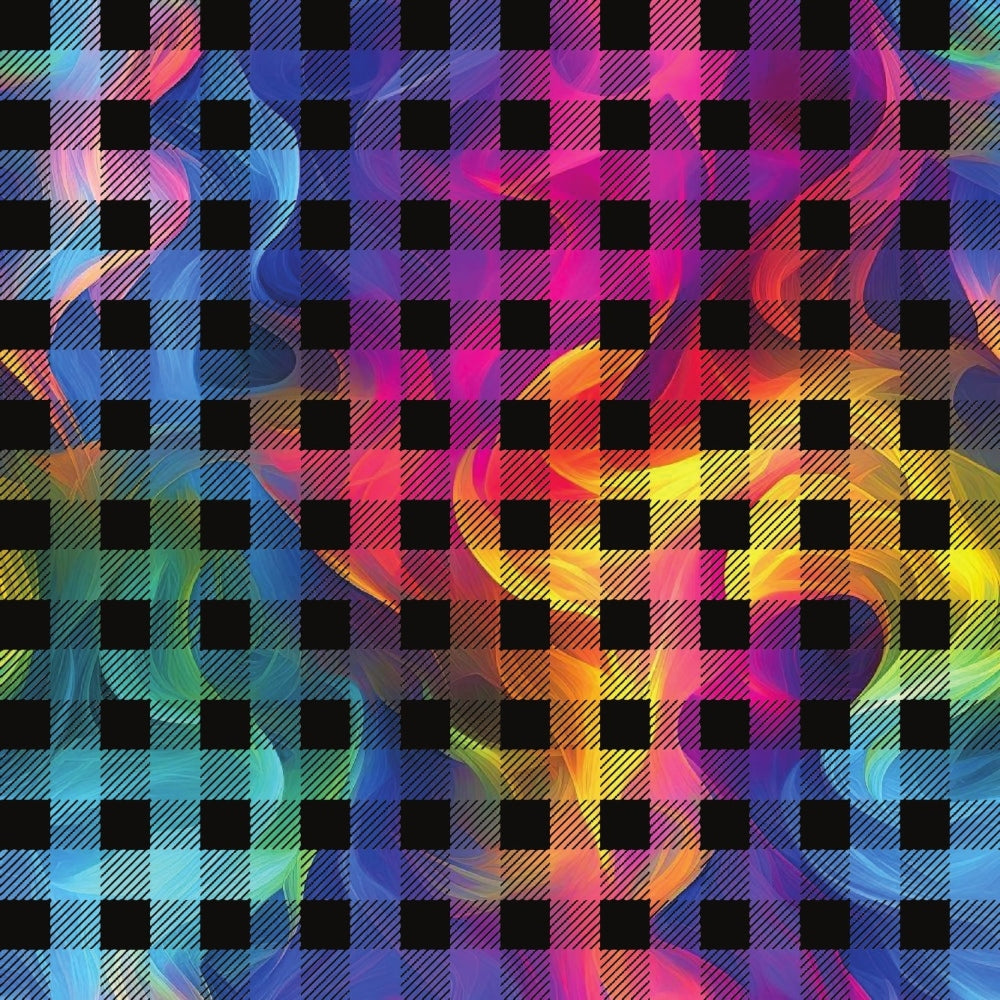 rainbow colors, smoke swirls, abstract pattern, vibrant hues, blue, purple, pink, yellow, orange, green, teal, checkered overlay, geometric design, flowing smoke, colorful gradients, quilting cotton, fabric panel, modern abstract, prismatic colors, diagonal stripes