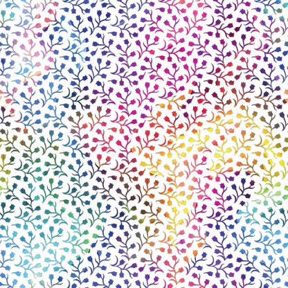 rainbow gradient, floral branches, botanical pattern, multicolor design, tulip flowers, vine motifs, watercolor effect, smoke transition, spectrum colors, quilting cotton, fabric panel, purple hues, blue tones, pink shades, yellow accents, green elements, orange highlights, delicate florals, nature inspired, spring blooms