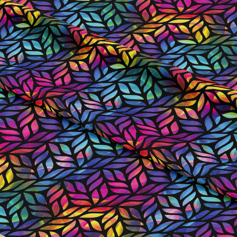 - Rainbow Smoke Pattern 21 Quilting Cotton Fabric  
- Multicolor leaf motif  
- Vibrant hues: blue, pink, purple, yellow, green, orange  
- Abstract swirl design  
- Quilting fabric, cotton textile  
- Colorful, artistic, decorative cloth  
- Bold, bright, smooth texture