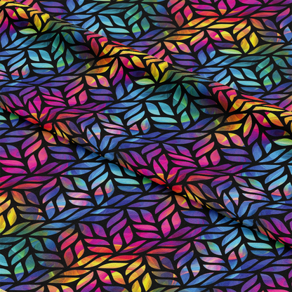 - Rainbow Smoke Pattern 21 Quilting Cotton Fabric  
- Multicolor leaf motif  
- Vibrant hues: blue, pink, purple, yellow, green, orange  
- Abstract swirl design  
- Quilting fabric, cotton textile  
- Colorful, artistic, decorative cloth  
- Bold, bright, smooth texture