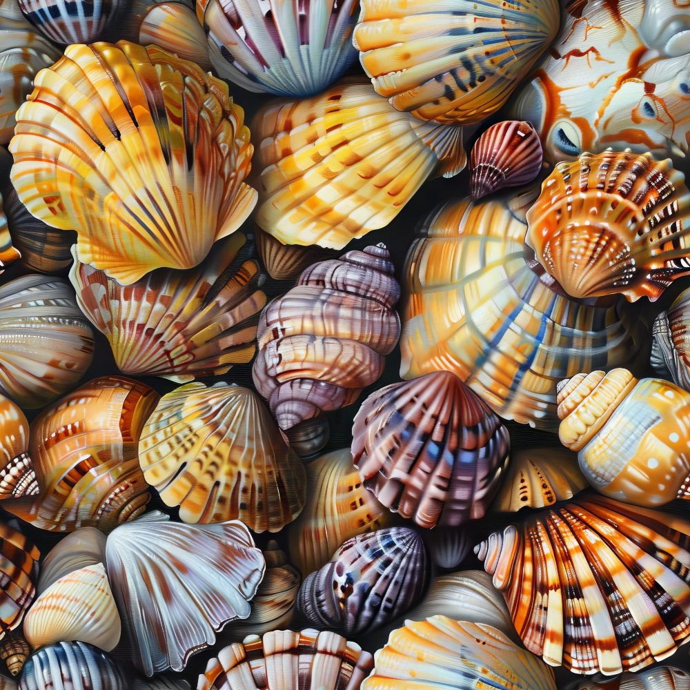 A variety of colorful seashells in different shapes and sizes are scattered closely together, showcasing intricate patterns and textures.