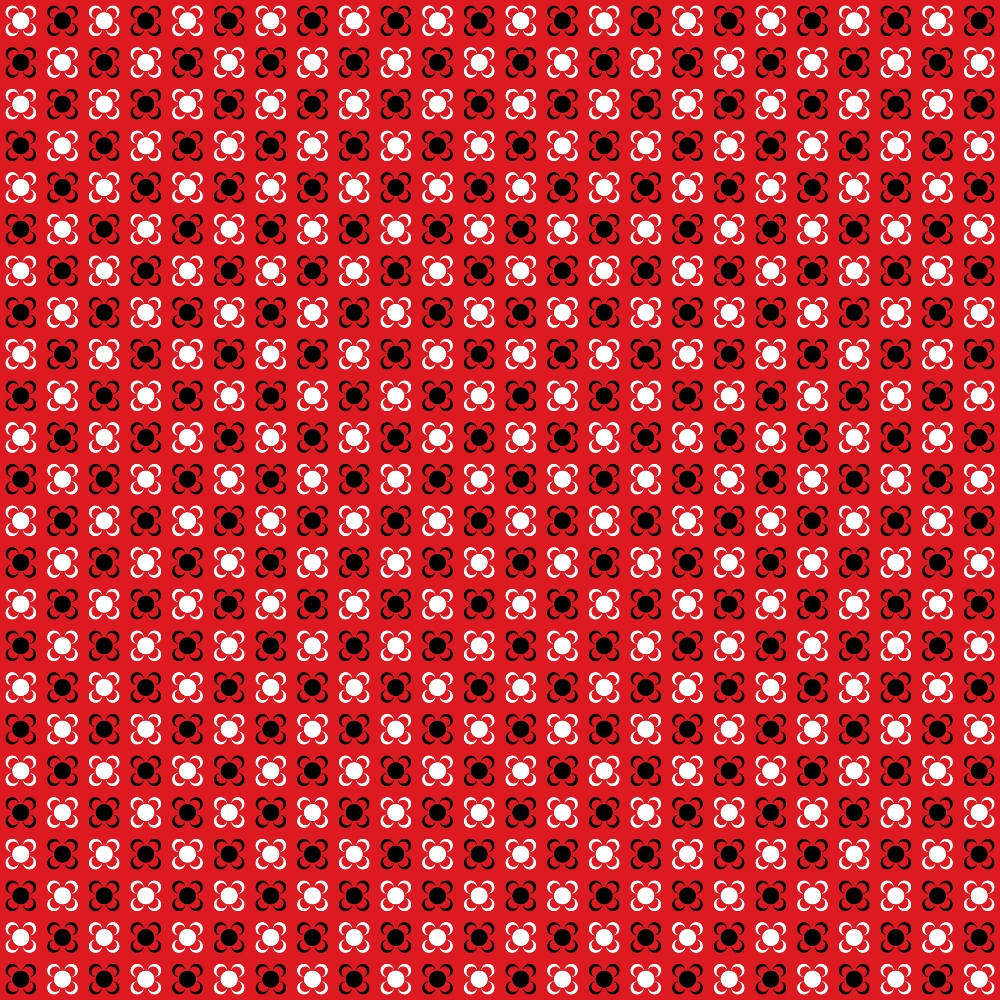 Pattern of small red and black squares with clover-shaped white elements, repeated across the image.