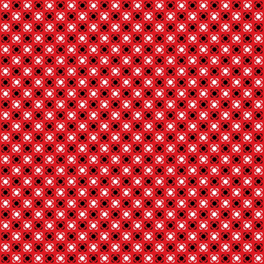 Pattern of small red and black squares with clover-shaped white elements, repeated across the image.