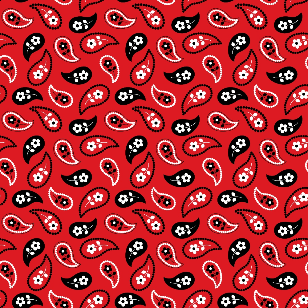 Red background with a repeating paisley pattern in black and white, featuring small flowers within the paisley shapes.