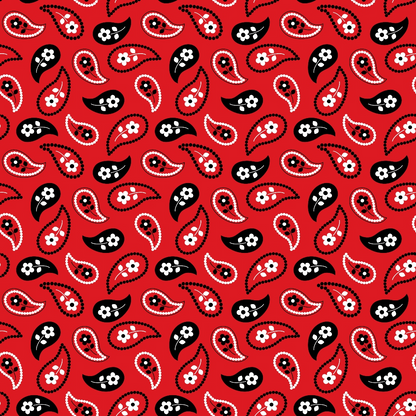 Red background with a repeating paisley pattern in black and white, featuring small flowers within the paisley shapes.