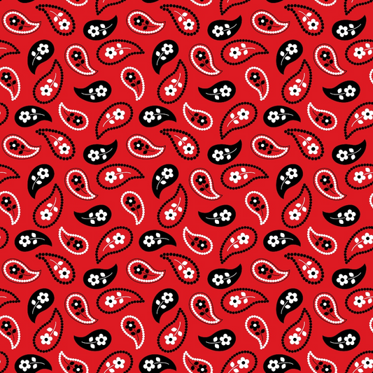 Red background with a repeating paisley pattern in black and white, featuring small flowers within the paisley shapes.