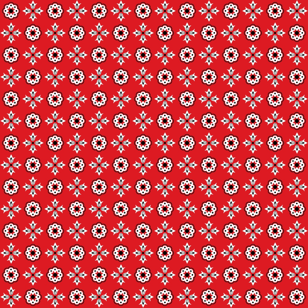 Red background with a repeating pattern of small white and black floral motifs arranged in rows.