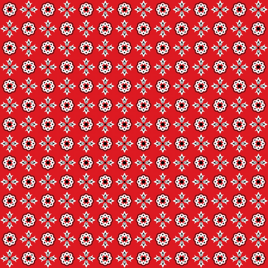 Red background with a repeating pattern of small white and black floral motifs arranged in rows.