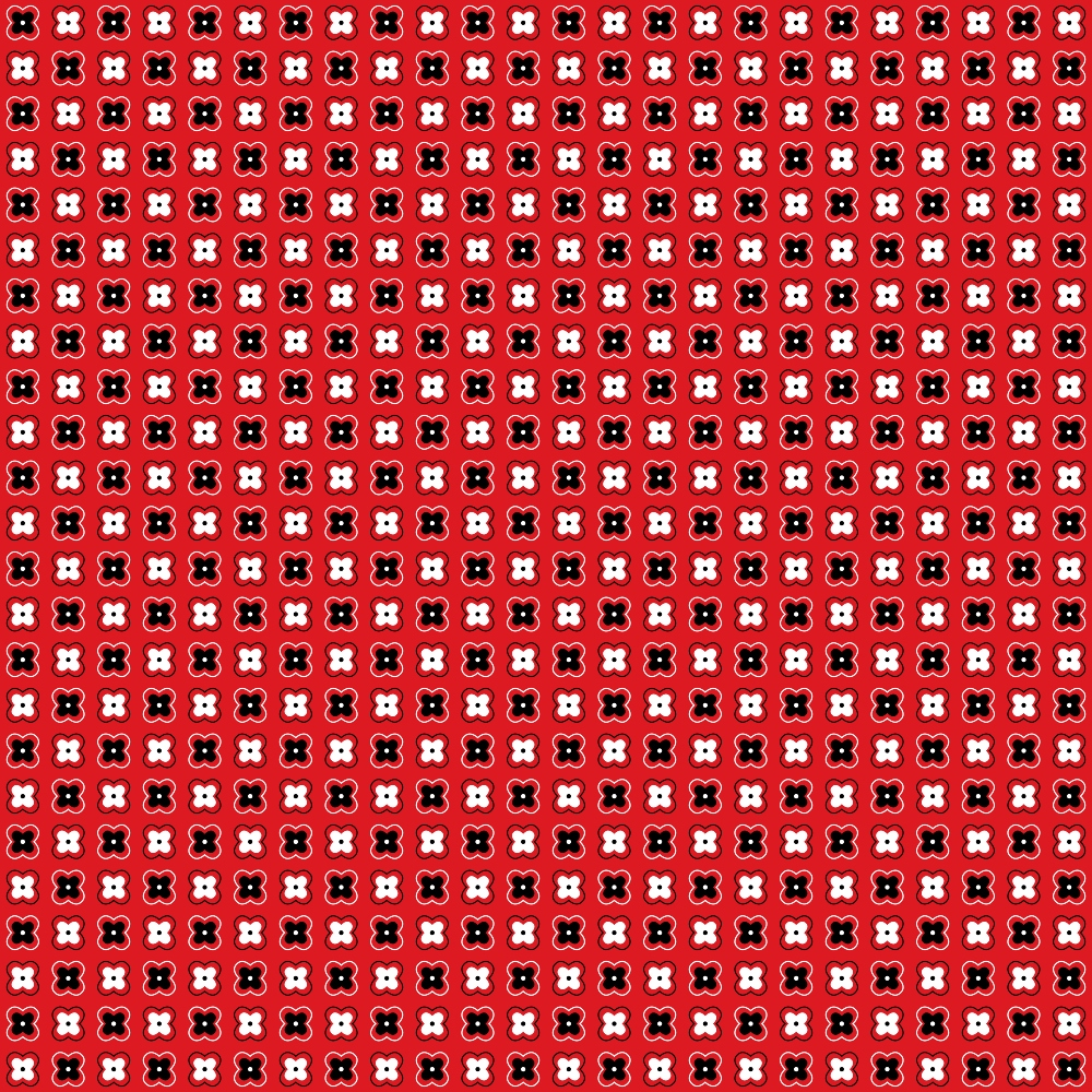 A repeating pattern with black and white flower-like shapes on a red background.