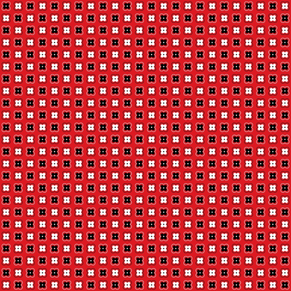 A repeating pattern with black and white flower-like shapes on a red background.