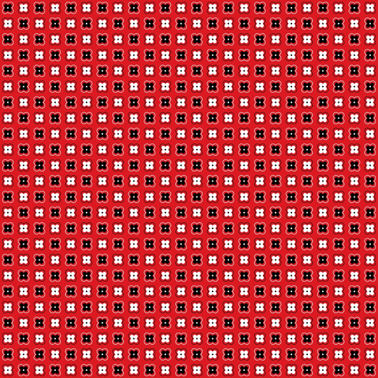 A repeating pattern with black and white flower-like shapes on a red background.