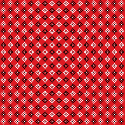 Red and black diagonal geometric pattern with small white crosses.