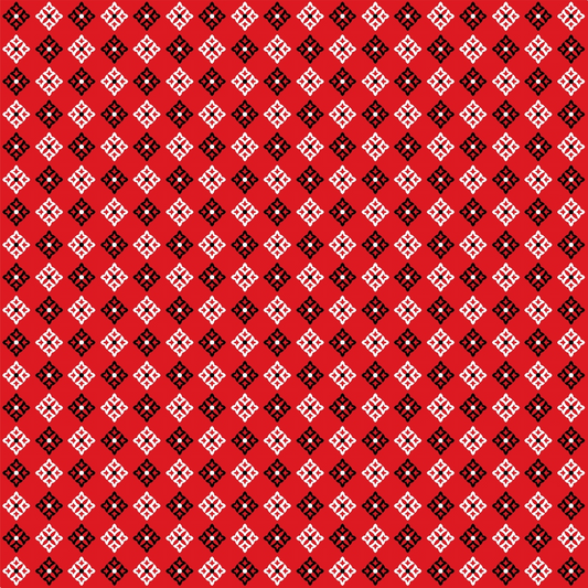 Red and black diagonal geometric pattern with small white crosses.