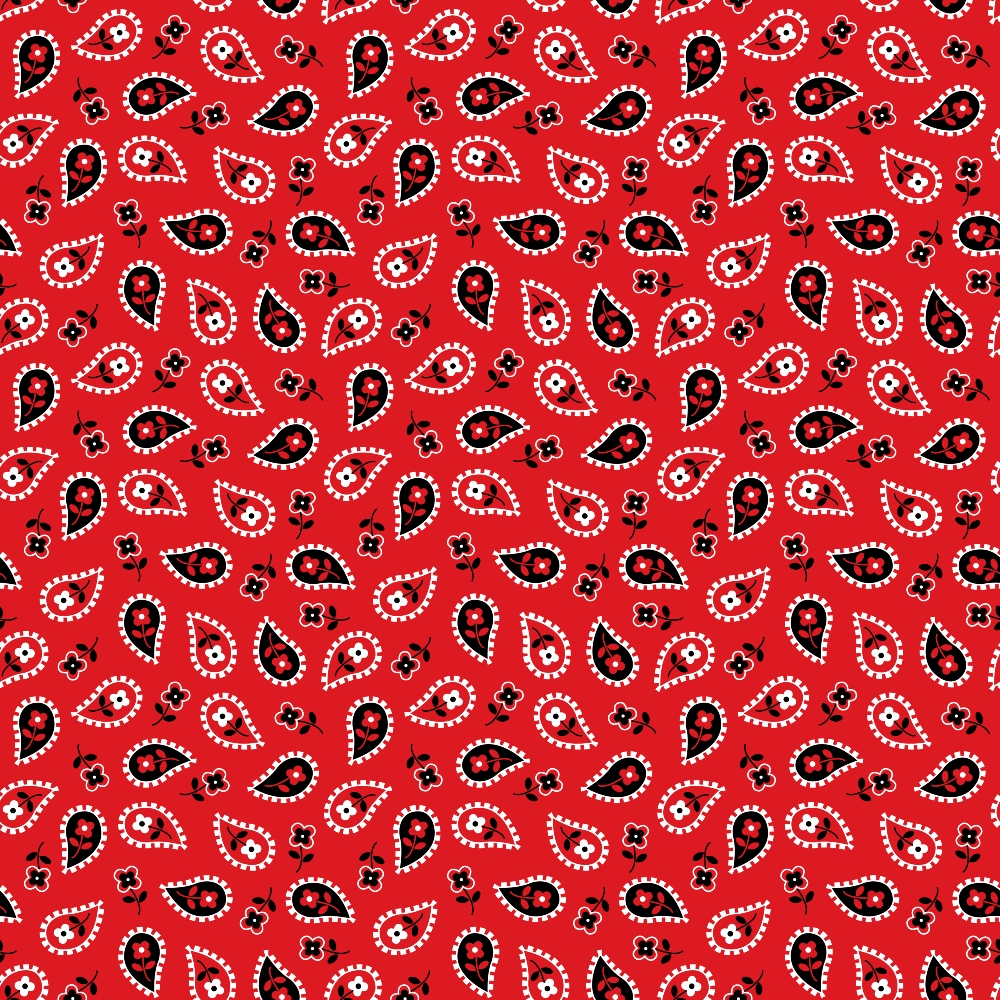 Red paisley pattern with black and white teardrop shapes and small floral motifs, repeating symmetrically across the design.