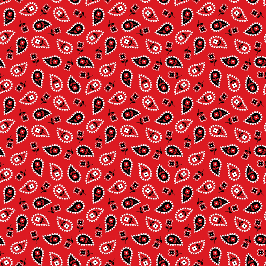 Red paisley pattern with black and white teardrop shapes and small floral motifs, repeating symmetrically across the design.