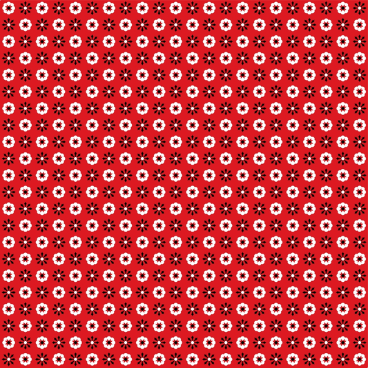 Red background with a repeating pattern of black and white star-like shapes arranged in a grid formation.