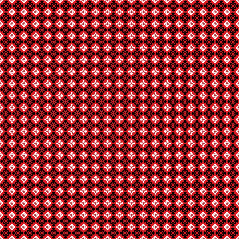 A red and black symmetrical geometric patterned fabric with circular and star-like designs repeating across the surface.