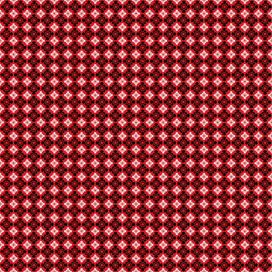 A red and black symmetrical geometric patterned fabric with circular and star-like designs repeating across the surface.