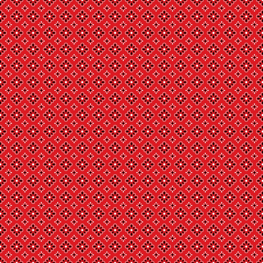 Red background with a repeating pattern of white geometric shapes forming a diamond lattice design.