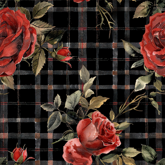 Red roses and green leaves on a black and gray plaid background.