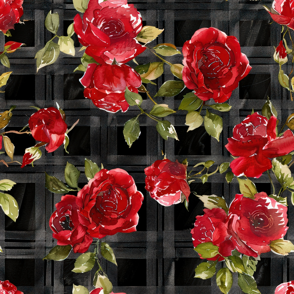 Pattern of red roses and green leaves on a dark, lattice-like background.