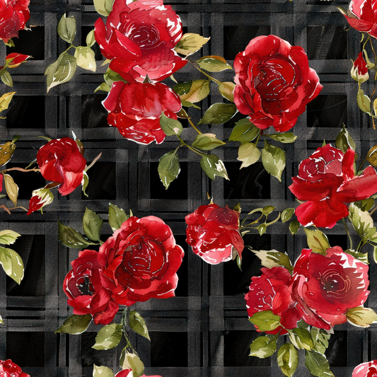 Pattern of red roses and green leaves on a dark, lattice-like background.