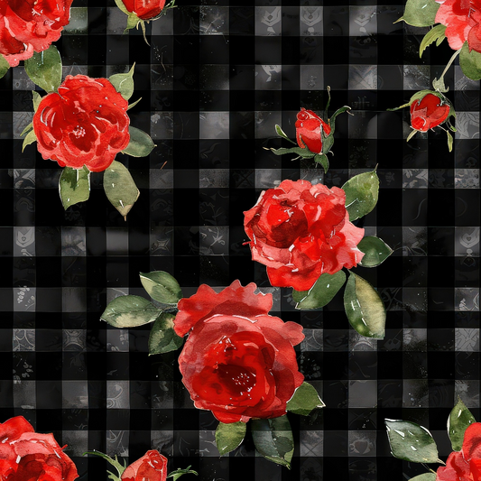 Red roses with green leaves on a black checkered background.