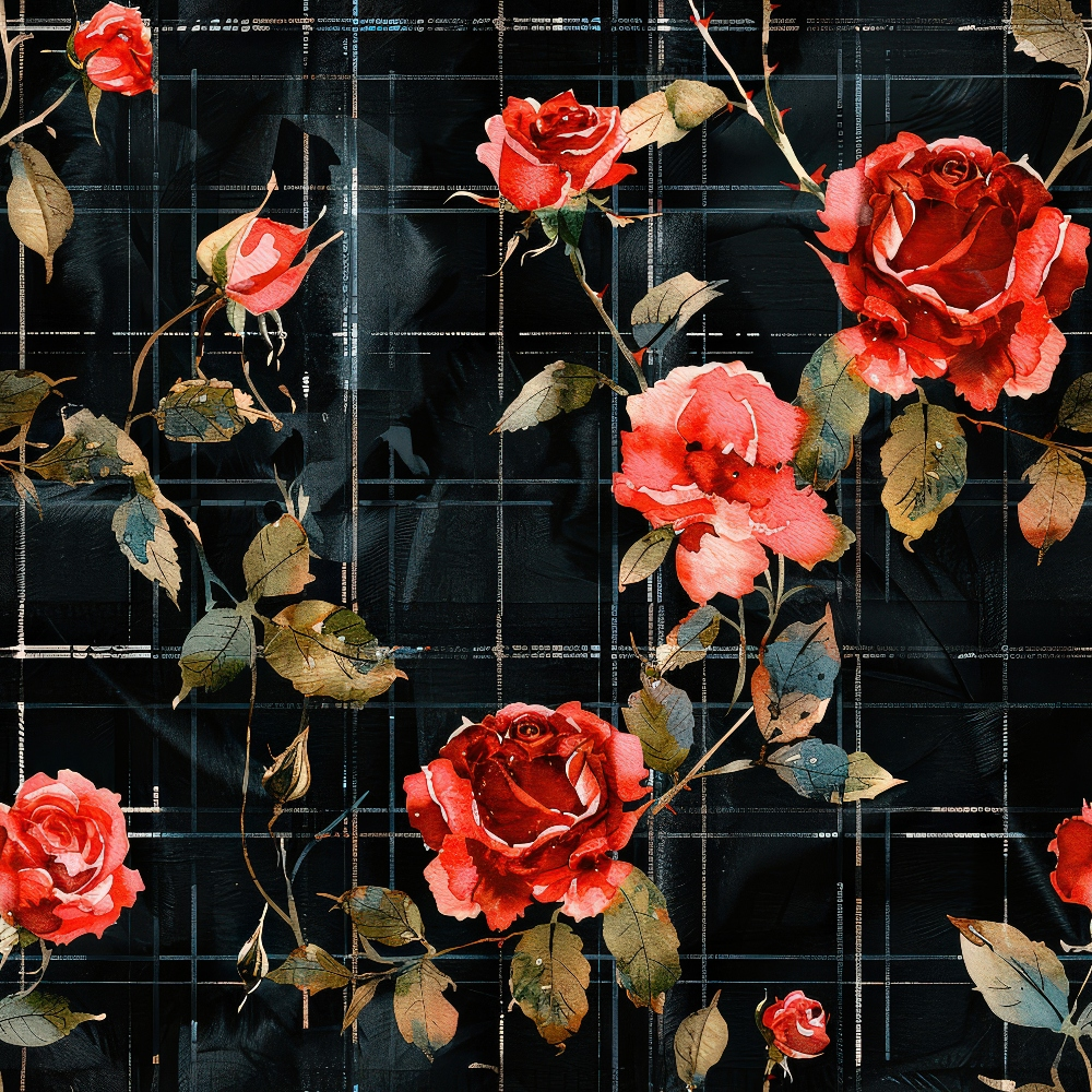 Red roses with green leaves are arranged on a dark, geometric grid background.