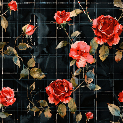 Red roses with green leaves are arranged on a dark, geometric grid background.