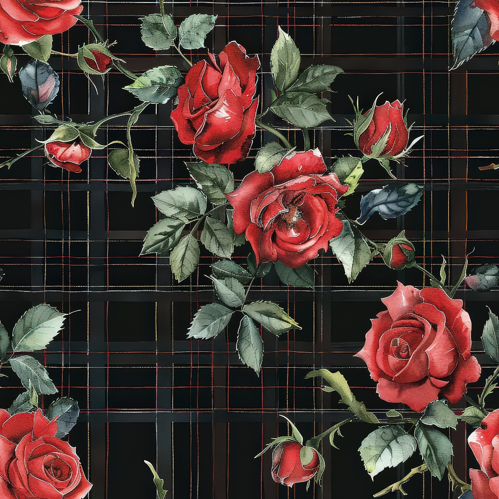 Red roses and green leaves on a black background with a subtle grid pattern.