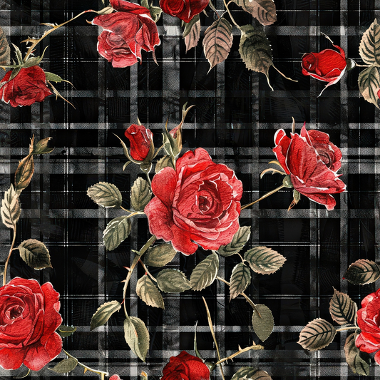 Red roses with green leaves are arranged on a patterned black and white plaid background.