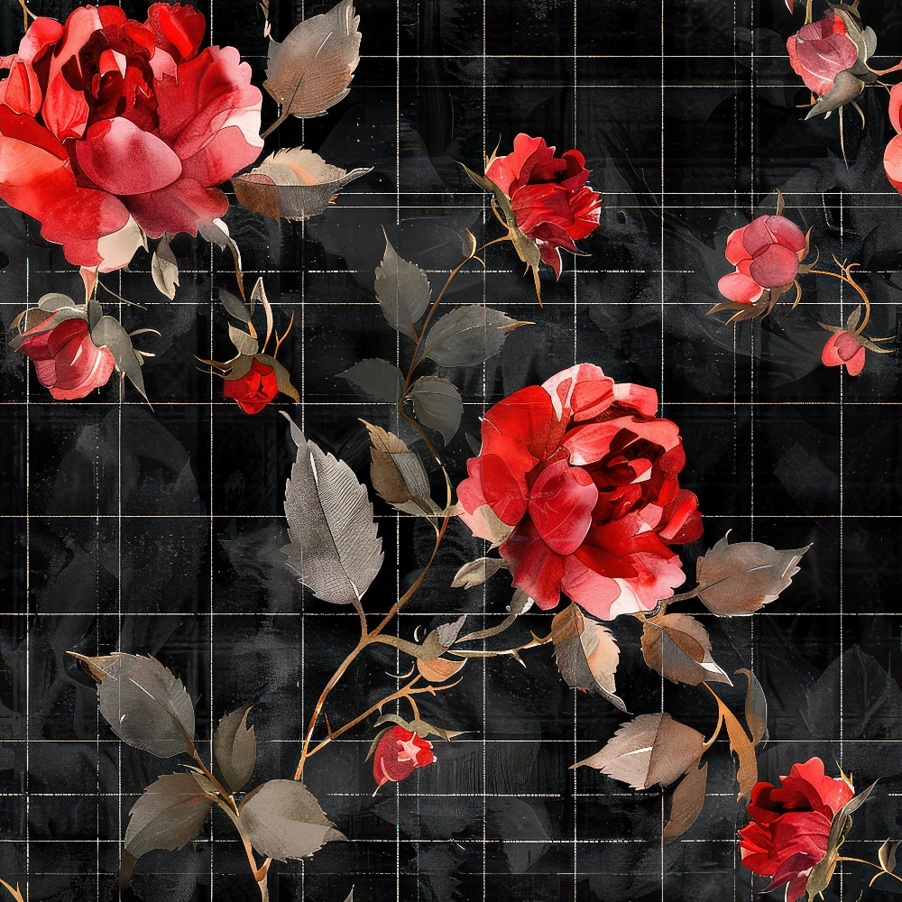 Elegant red roses with green leaves on a dark grid-patterned background.