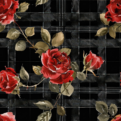 Red roses and green leaves set against a dark plaid patterned background.