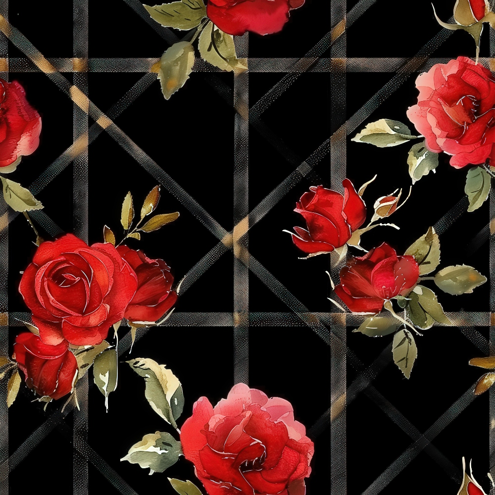 Red roses and green leaves are arranged against a black grid background.