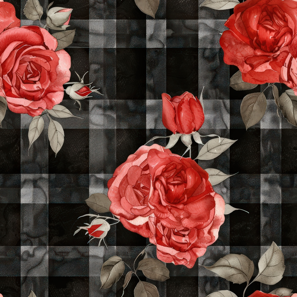 Red roses and green leaves on a black and gray plaid background.