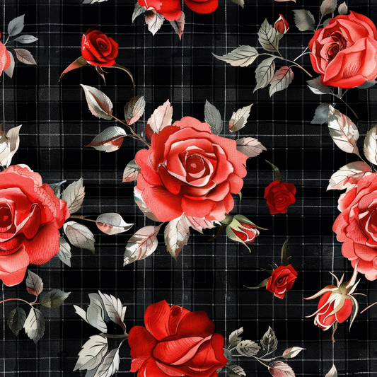Red roses with green leaves on a black plaid background.