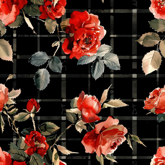 Red and pink roses with green leaves on a black checkered background.
